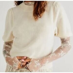 Free People 100% Brushed Cashmere Short Puff Sleeve Sweater Ivory Size Medium